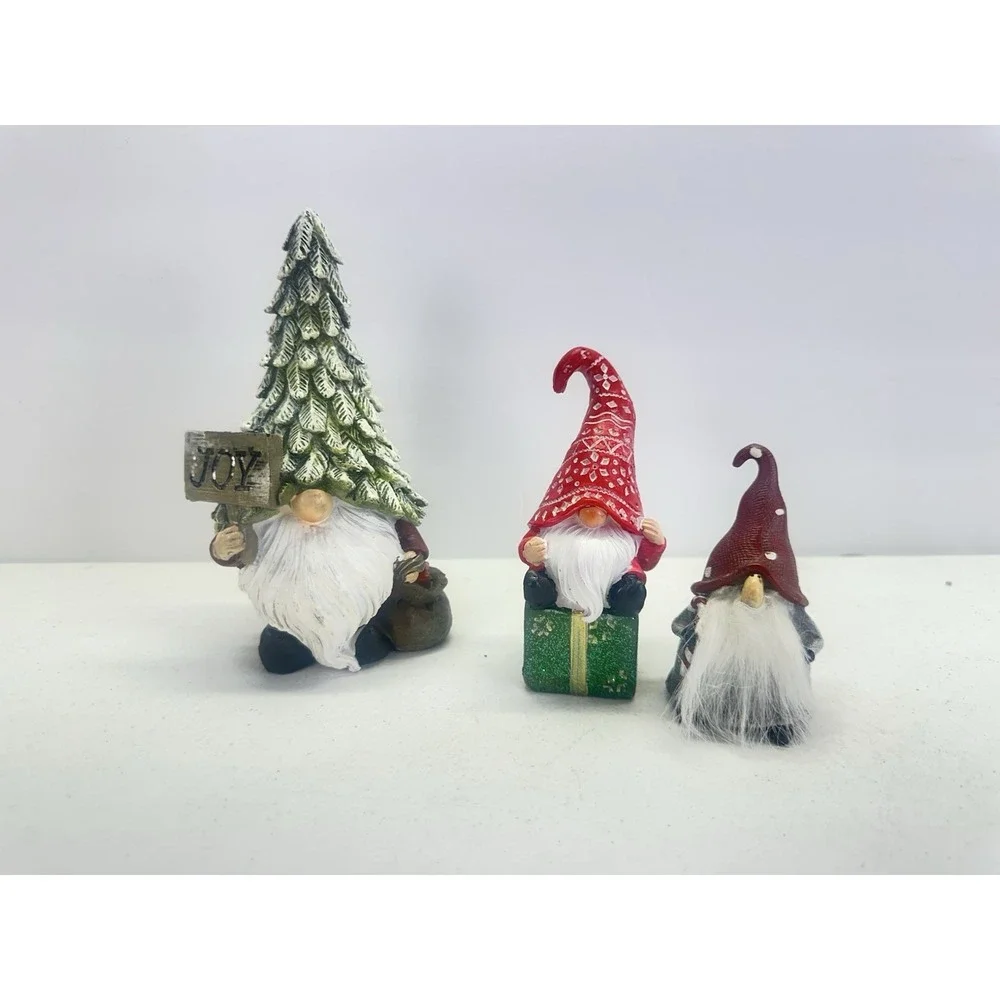 Christmas Gnome Figurines Set of 3 Resin Holiday Decor Tree Hat JOY Gift